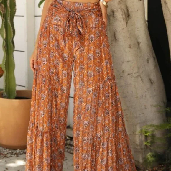 Paisley Palazzo waist Tie Lounge Pants Orange - Picture 4 of 16